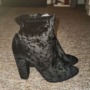 JustFab Black Heeled Boots Velvet Chunky Heel